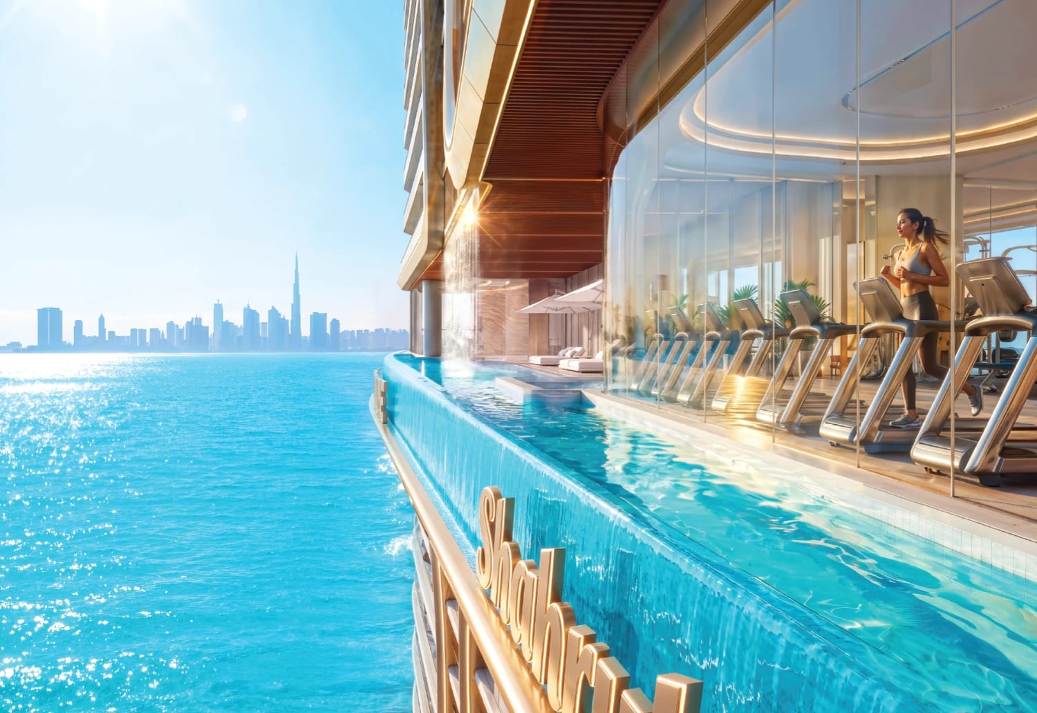 Sea-view gym with pool overlooking the Dubai skyline