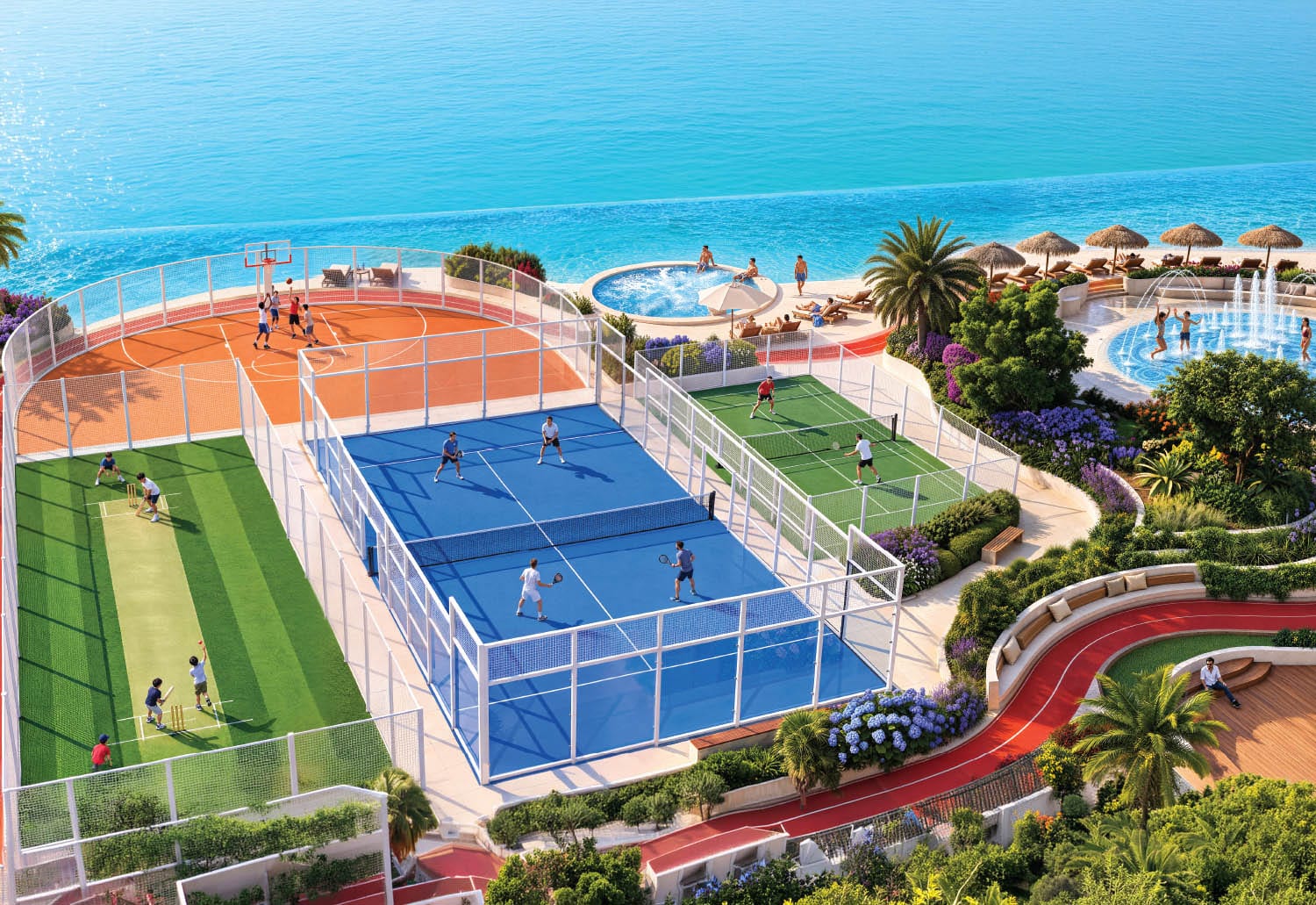 Padel, tennis, basketball courts and cricket pitch at Shahrukhz Residences